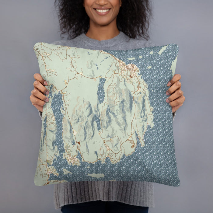 Person holding 18x18 Custom Acadia National Park Map Throw Pillow in Woodblock