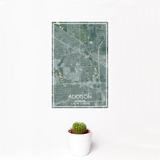 12x18 Addison Illinois Map Print Portrait Orientation in Afternoon Style With Small Cactus Plant in White Planter