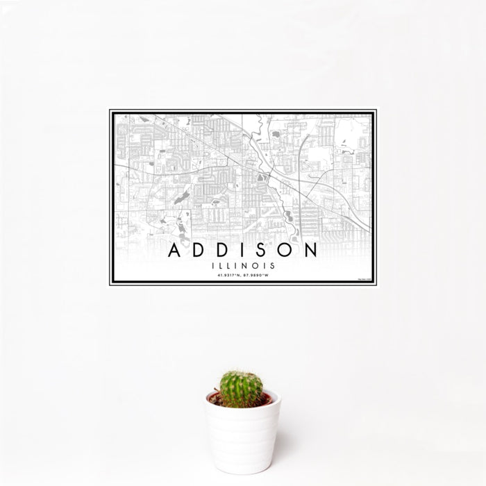 12x18 Addison Illinois Map Print Landscape Orientation in Classic Style With Small Cactus Plant in White Planter