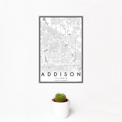 12x18 Addison Illinois Map Print Portrait Orientation in Classic Style With Small Cactus Plant in White Planter