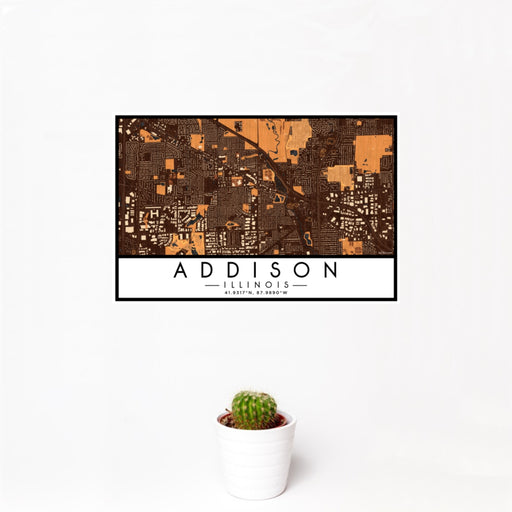 12x18 Addison Illinois Map Print Landscape Orientation in Ember Style With Small Cactus Plant in White Planter