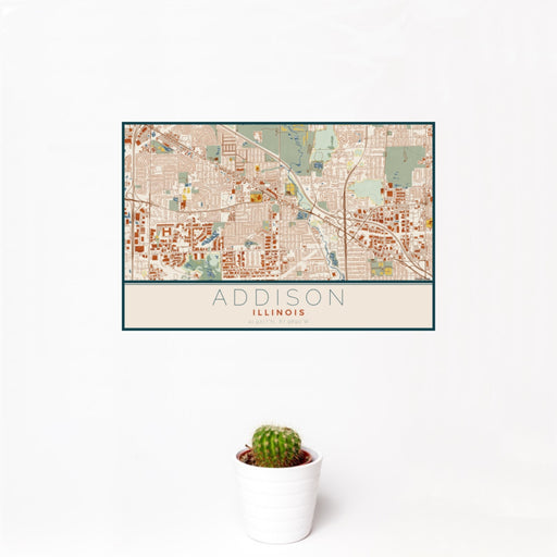 12x18 Addison Illinois Map Print Landscape Orientation in Woodblock Style With Small Cactus Plant in White Planter