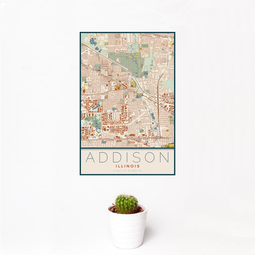 12x18 Addison Illinois Map Print Portrait Orientation in Woodblock Style With Small Cactus Plant in White Planter