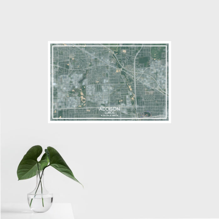 16x24 Addison Illinois Map Print Landscape Orientation in Afternoon Style With Tropical Plant Leaves in Water