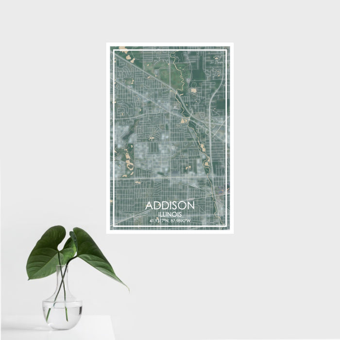16x24 Addison Illinois Map Print Portrait Orientation in Afternoon Style With Tropical Plant Leaves in Water
