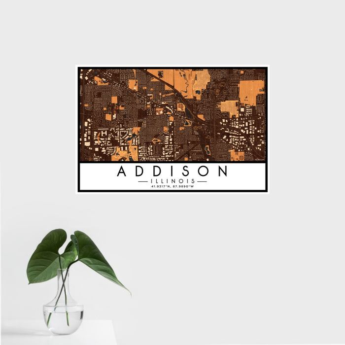 16x24 Addison Illinois Map Print Landscape Orientation in Ember Style With Tropical Plant Leaves in Water