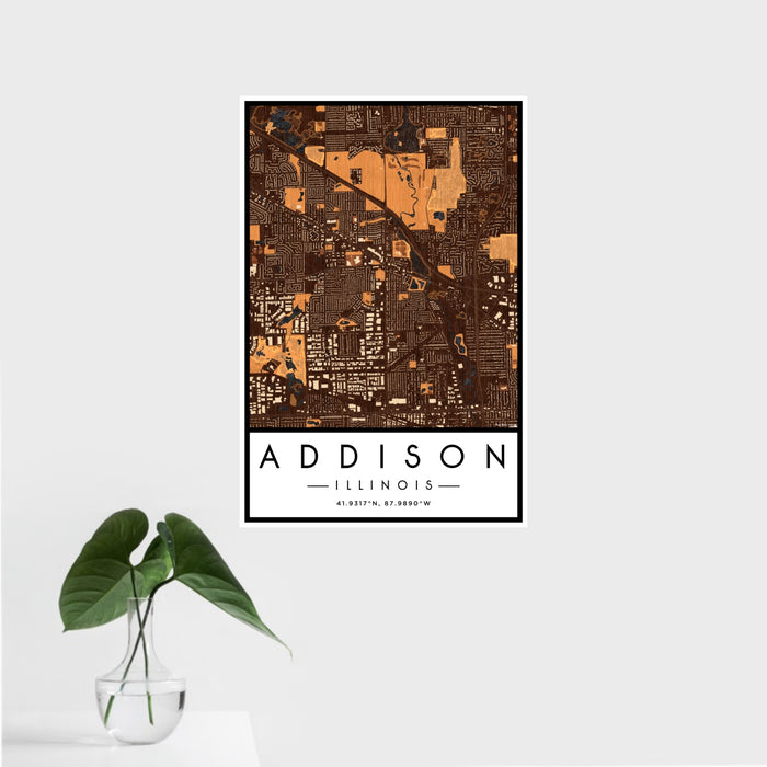 16x24 Addison Illinois Map Print Portrait Orientation in Ember Style With Tropical Plant Leaves in Water