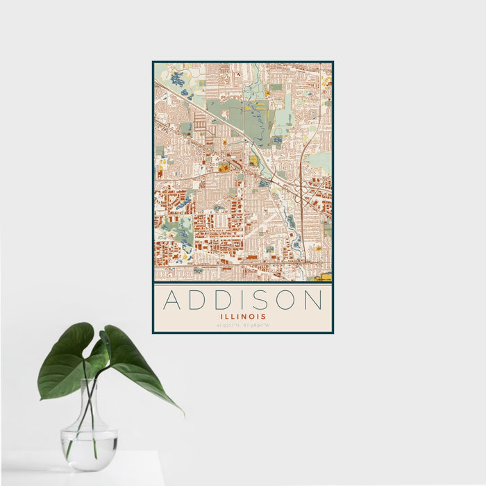 16x24 Addison Illinois Map Print Portrait Orientation in Woodblock Style With Tropical Plant Leaves in Water