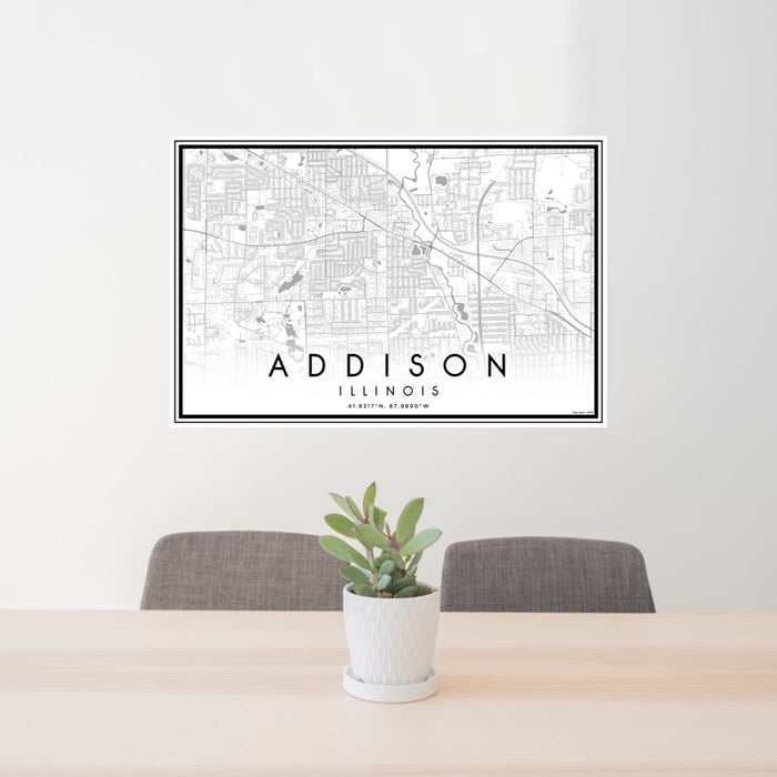 24x36 Addison Illinois Map Print Lanscape Orientation in Classic Style Behind 2 Chairs Table and Potted Plant
