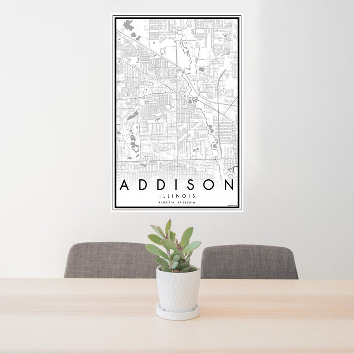 24x36 Addison Illinois Map Print Portrait Orientation in Classic Style Behind 2 Chairs Table and Potted Plant