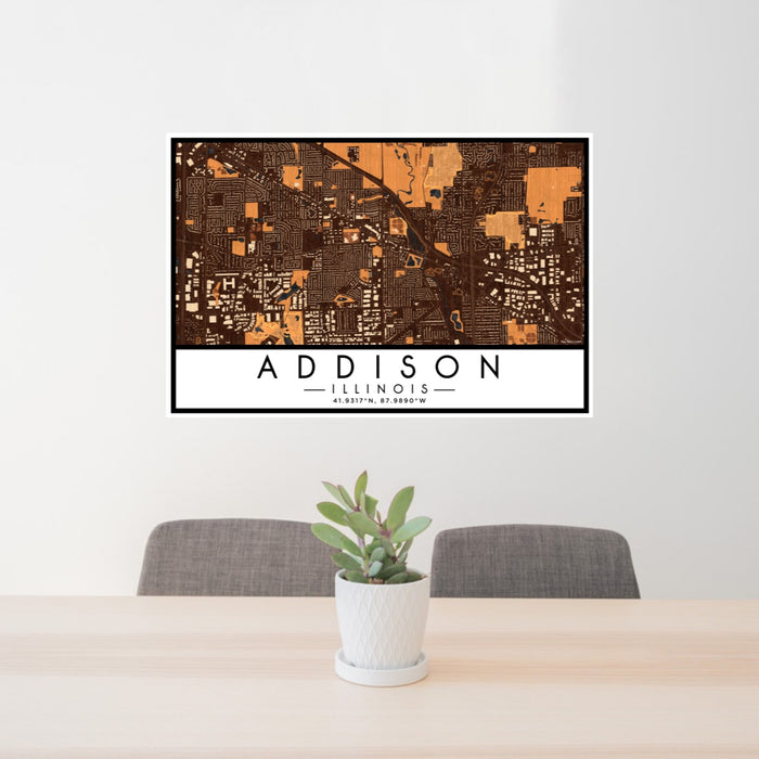 24x36 Addison Illinois Map Print Lanscape Orientation in Ember Style Behind 2 Chairs Table and Potted Plant