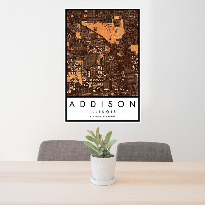 24x36 Addison Illinois Map Print Portrait Orientation in Ember Style Behind 2 Chairs Table and Potted Plant