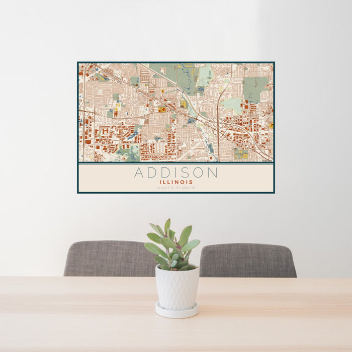 24x36 Addison Illinois Map Print Lanscape Orientation in Woodblock Style Behind 2 Chairs Table and Potted Plant
