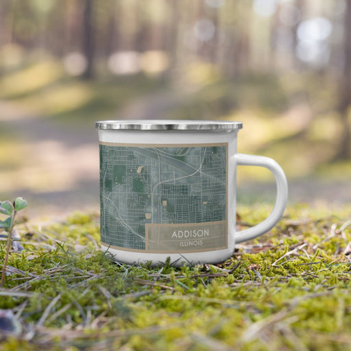 Right View Custom Addison Illinois Map Enamel Mug in Afternoon on Grass With Trees in Background