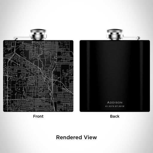 Rendered View of Addison Illinois Map Engraving on 6oz Stainless Steel Flask in Black