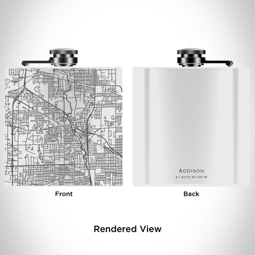 Rendered View of Addison Illinois Map Engraving on 6oz Stainless Steel Flask in White
