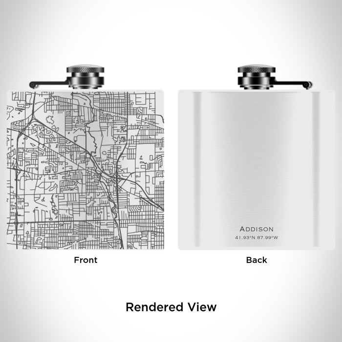 Rendered View of Addison Illinois Map Engraving on 6oz Stainless Steel Flask in White