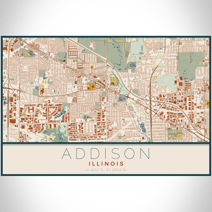 Addison Illinois Map Print Landscape Orientation in Woodblock Style With Shaded Background