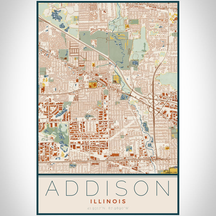 Addison Illinois Map Print Portrait Orientation in Woodblock Style With Shaded Background