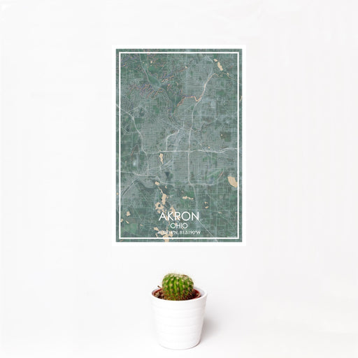 12x18 AKRON Ohio Map Print Portrait Orientation in Afternoon Style With Small Cactus Plant in White Planter