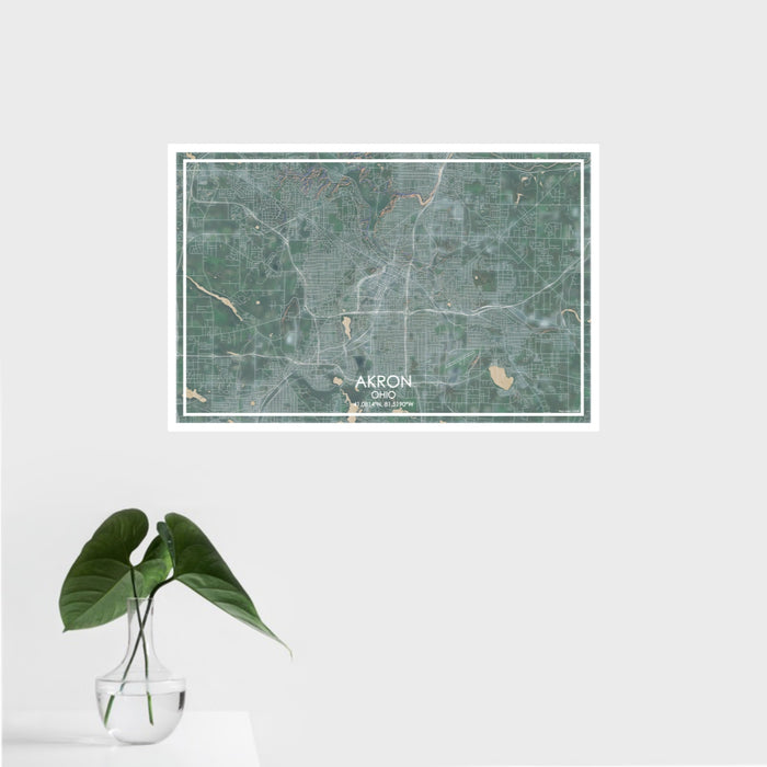 16x24 AKRON Ohio Map Print Landscape Orientation in Afternoon Style With Tropical Plant Leaves in Water