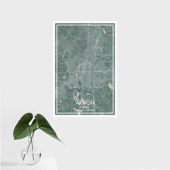 16x24 AKRON Ohio Map Print Portrait Orientation in Afternoon Style With Tropical Plant Leaves in Water