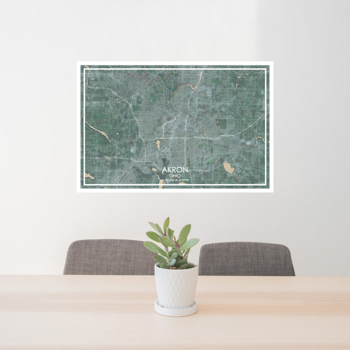 24x36 AKRON Ohio Map Print Lanscape Orientation in Afternoon Style Behind 2 Chairs Table and Potted Plant