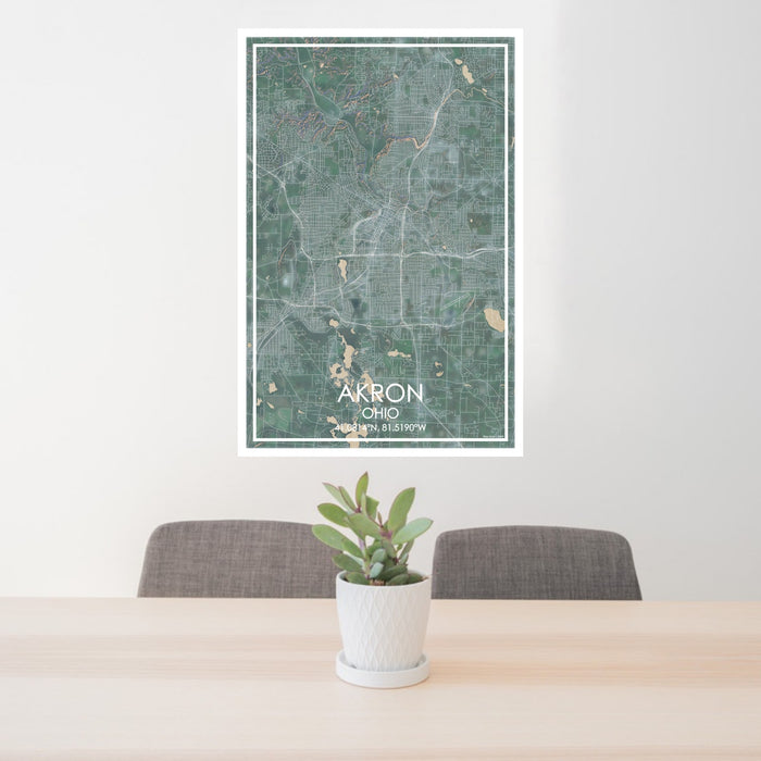 24x36 AKRON Ohio Map Print Portrait Orientation in Afternoon Style Behind 2 Chairs Table and Potted Plant
