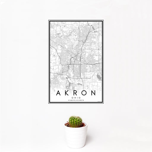 12x18 Akron Ohio Map Print Portrait Orientation in Classic Style With Small Cactus Plant in White Planter