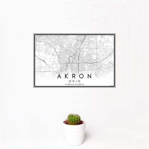 12x18 Akron Ohio Map Print Landscape Orientation in Classic Style With Small Cactus Plant in White Planter