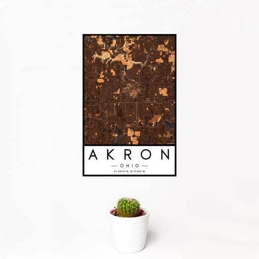 12x18 Akron Ohio Map Print Portrait Orientation in Ember Style With Small Cactus Plant in White Planter