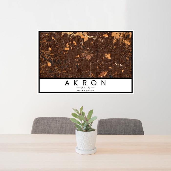 24x36 Akron Ohio Map Print Landscape Orientation in Ember Style Behind 2 Chairs Table and Potted Plant