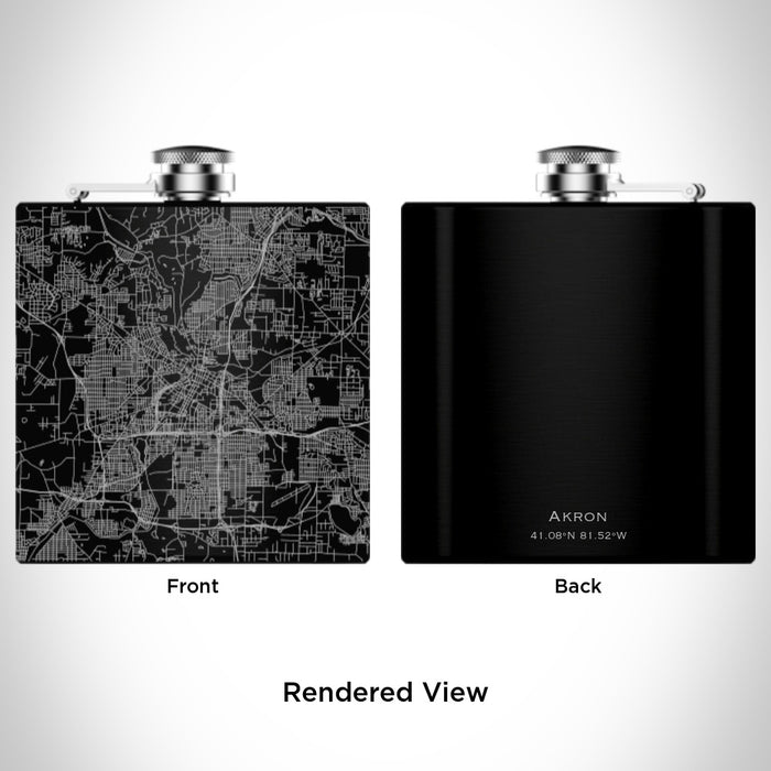 Rendered View of Akron Ohio Map Engraving on 6oz Stainless Steel Flask in Black