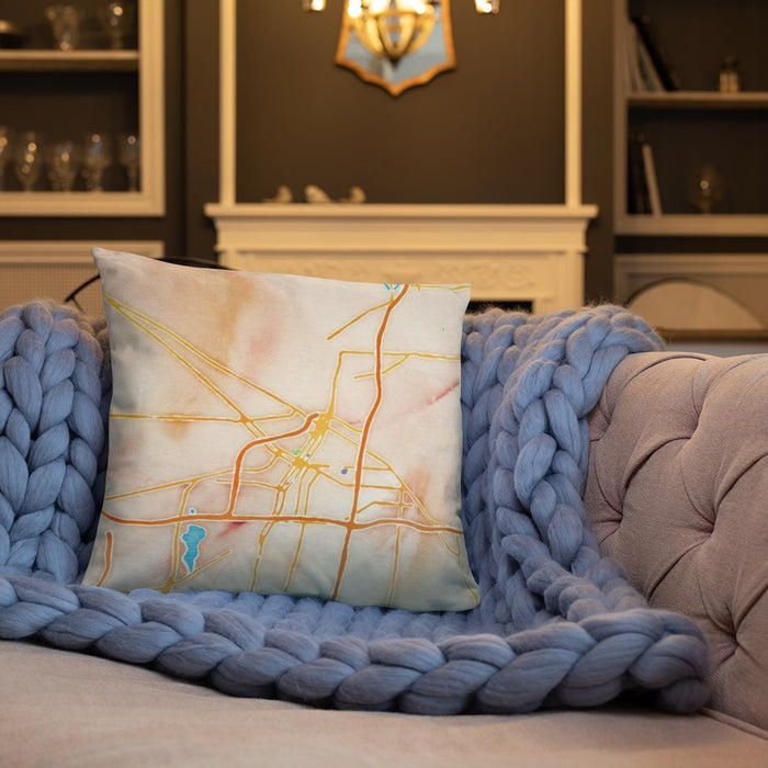 Custom Akron Ohio Map Throw Pillow in Watercolor on Cream Colored Couch