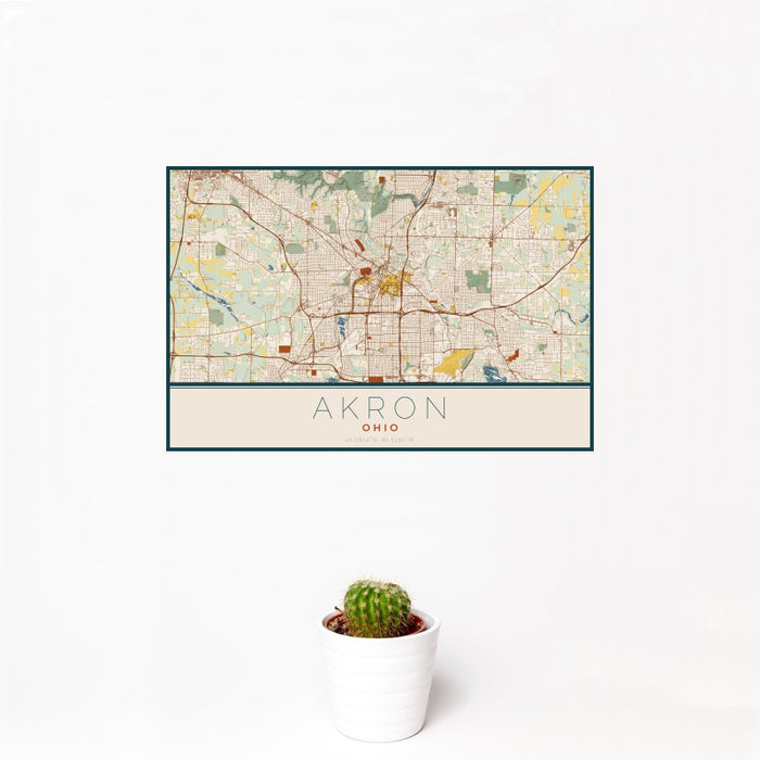 12x18 Akron Ohio Map Print Landscape Orientation in Woodblock Style With Small Cactus Plant in White Planter