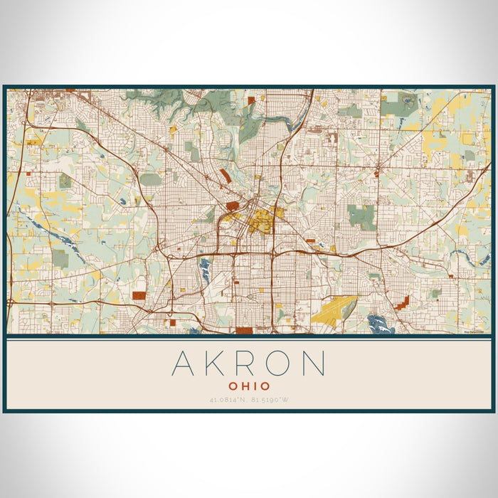 Akron Ohio Map Print Landscape Orientation in Woodblock Style With Shaded Background