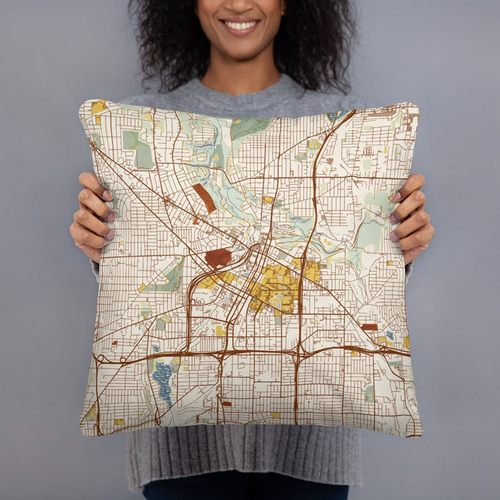 Person holding 18x18 Custom Akron Ohio Map Throw Pillow in Woodblock