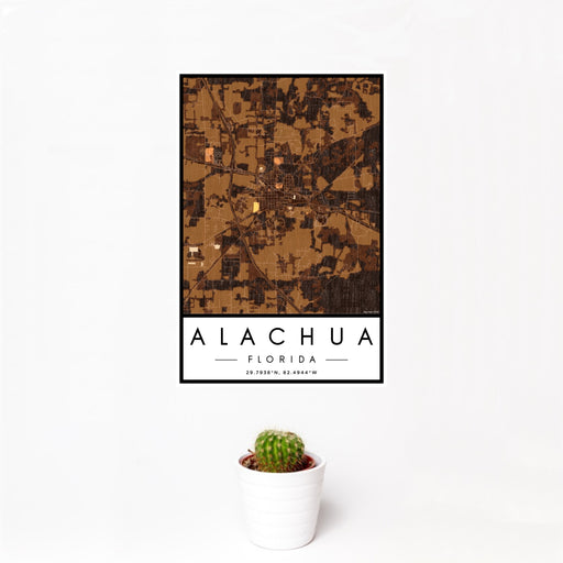 12x18 Alachua Florida Map Print Portrait Orientation in Ember Style With Small Cactus Plant in White Planter