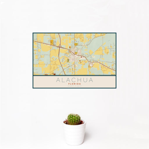 12x18 Alachua Florida Map Print Landscape Orientation in Woodblock Style With Small Cactus Plant in White Planter
