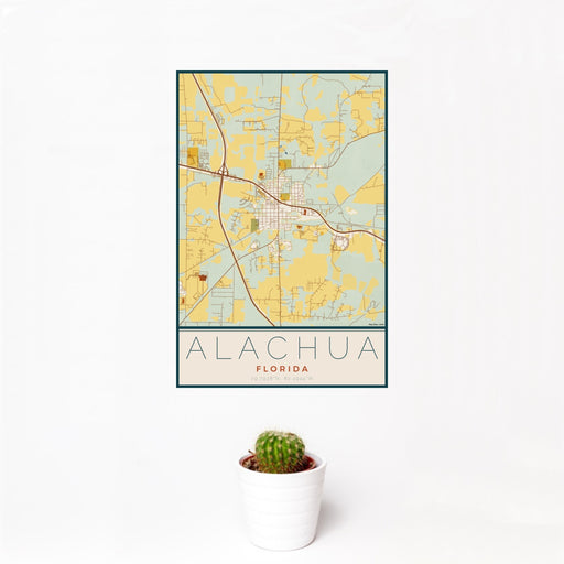 12x18 Alachua Florida Map Print Portrait Orientation in Woodblock Style With Small Cactus Plant in White Planter