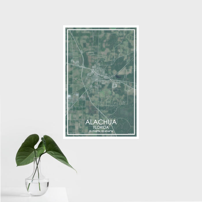 16x24 ALACHUA Florida Map Print Portrait Orientation in Afternoon Style With Tropical Plant Leaves in Water