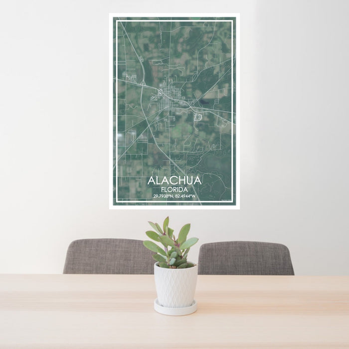 24x36 ALACHUA Florida Map Print Portrait Orientation in Afternoon Style Behind 2 Chairs Table and Potted Plant