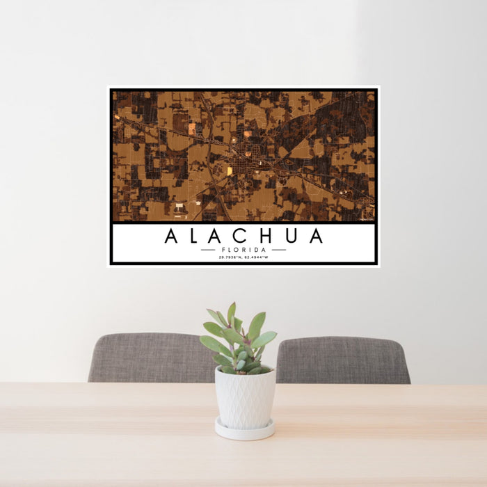 24x36 Alachua Florida Map Print Lanscape Orientation in Ember Style Behind 2 Chairs Table and Potted Plant