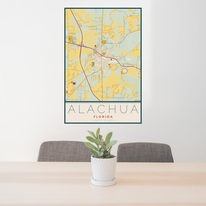24x36 Alachua Florida Map Print Portrait Orientation in Woodblock Style Behind 2 Chairs Table and Potted Plant