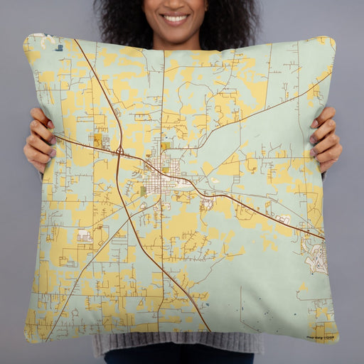 Person holding 22x22 Custom Alachua Florida Map Throw Pillow in Woodblock