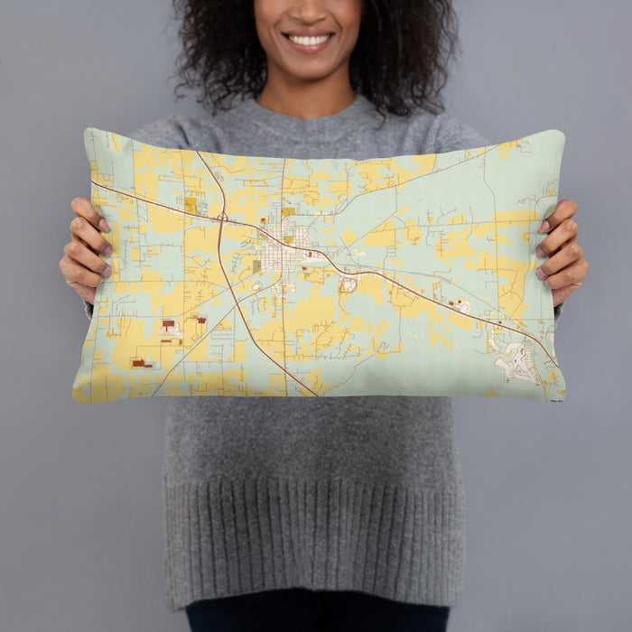 Person holding 20x12 Custom Alachua Florida Map Throw Pillow in Woodblock