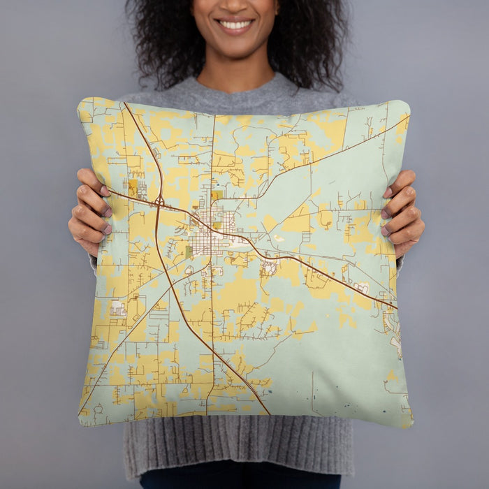 Person holding 18x18 Custom Alachua Florida Map Throw Pillow in Woodblock