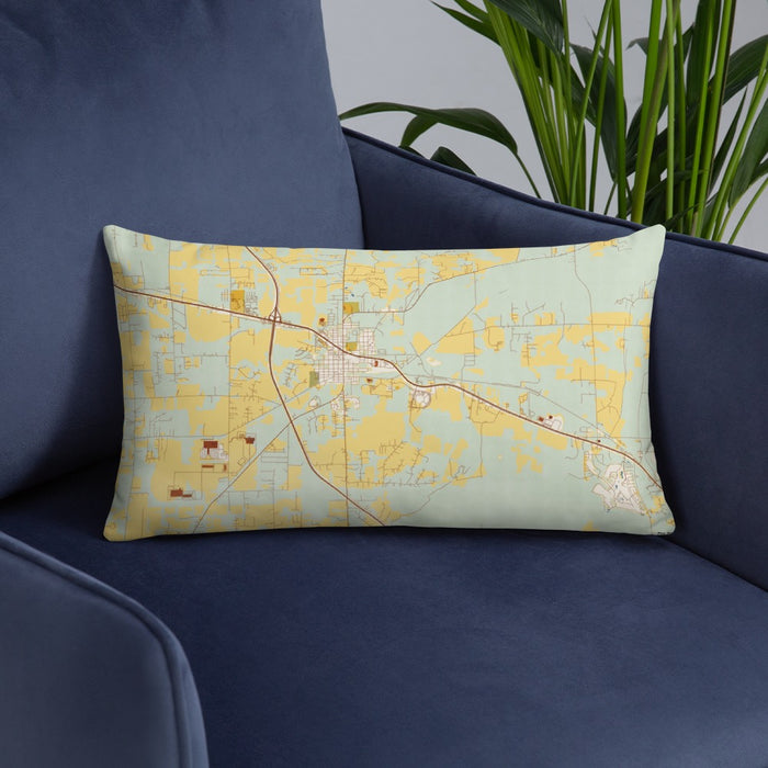 Custom Alachua Florida Map Throw Pillow in Woodblock on Blue Colored Chair