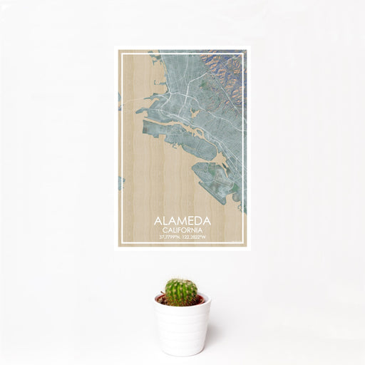12x18 ALAMEDA California Map Print Portrait Orientation in Afternoon Style With Small Cactus Plant in White Planter