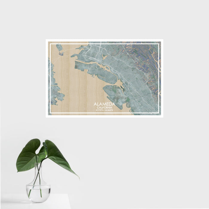 16x24 ALAMEDA California Map Print Landscape Orientation in Afternoon Style With Tropical Plant Leaves in Water